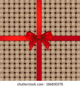Decorative red ribbon and bow over wooden background. vector 