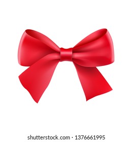 Decorative red ribbon bow. Realistic decoration for holiday. Elegant silk accessory for clothes. Holyday design element isolated on white. Elegant object from silk vector illustration.