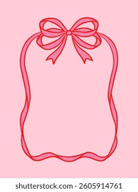 Decorative red ribbon frame with a bow at the top, simple line art style on a soft pink background. Concept of romantic or festive decoration. Vector illustration