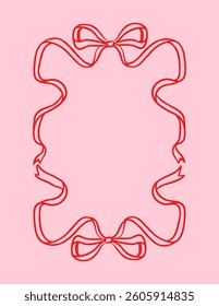 Decorative red ribbon frame with bows forming a border on a soft pink background, capturing a romantic and festive concept. Vector illustration