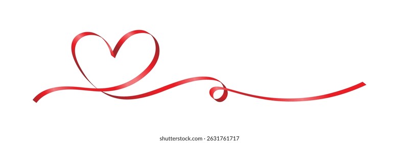 A decorative red ribbon shaped into a heart, flowing elegantly across a white background. Ideal for romantic themes, celebrations, or artistic designs.