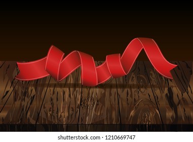 Decorative red ribbons banner with copy space. Vector on wooden background. For a holiday or a party.