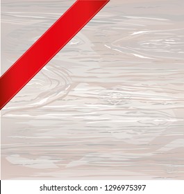 Decorative red ribbons banner in the corner diagonally. With copy space on wooden background. Vector. For a holiday or a party.