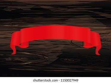 Decorative red ribbons banner isolated on white. Vector on wooden background. For a holiday or a party.