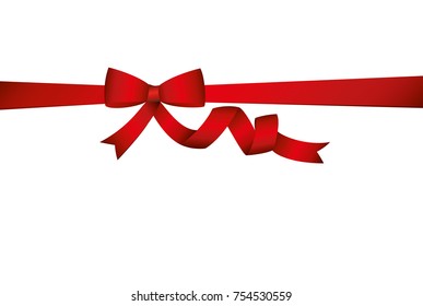 Decorative red ribbons with bow  banner in the corner diagonally. With copy space isolated on white. Vector. For a holiday or a party.