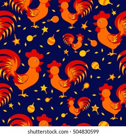 Decorative red rooster, christmas decorations vector cartoon doodle illustration, seamless pattern, symbol of 2017 on Chinese calendar of red cock, Character design for New Year, image zodiac symbol 