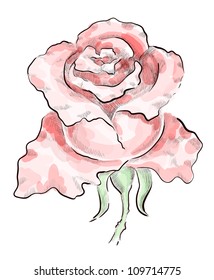 Decorative red rose drawn by hand on graphic tablet. Monochrome hatching and colorful transparent strokes, eps 10 vector illustration