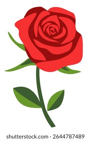 Decorative red rose with stem and leaves isolated on white. Vintage flower icon. Hand drawn vector stock illustration. Not Ai.