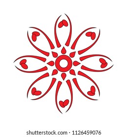 Decorative red round ornament flat vector illustration. Flower mandala design. Oriental pattern. Sun inside the flower isolated. Harmony and peace concept. Healthy balanced life. Kaleidoscope icon
