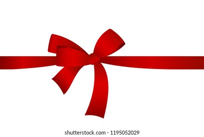 Decorative Red satin bow with horizontal  ribbon isolated on white. Vector gift bow with curled ribbon for page decor. Concept for invitation, banners, gift cards, congratulation or website layout ve