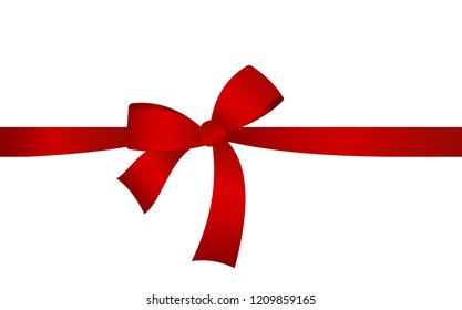 Decorative Red satin bow with horizontal  ribbon isolated on white. Vector gift bow with curled ribbon for page decor. Concept for invitation, banners, gift cards, congratulation or website layout ve