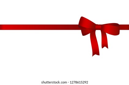 Decorative Red satin bow with horizontal  ribbon isolated on white. Vector gift bow with curled ribbon for page decor. Concept for invitation, banners, gift cards, congratulation or website layout ve