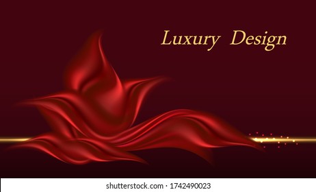 Decorative red silk background. Design with  satin ribbon and golden border line for banner or poster. Vector illustration