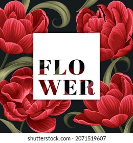 Decorative of red Tulip flower frame. Vector set of blooming flower for your design. Adornment for wedding invitations and greeting card.