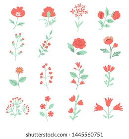 Decorative red vector flowers set