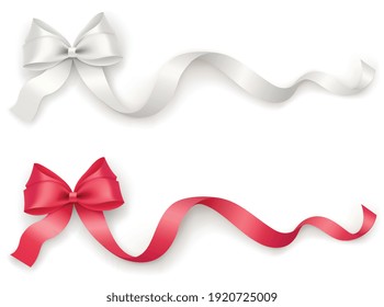 Decorative red, white bow with long ribbon on a white background. Holiday decoration design element for packaging, gift box, postcard, banner.