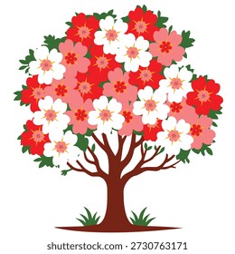 Decorative red and white flowering tree vector illustration, ideal for floral, garden and nature themed designs.