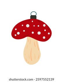 Decorative red and white mushroom Christmas ornament with unique design, isolated on white.