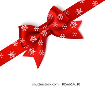 Decorative red Xmas bow with diagonally red ribbon. New Year and Christmas decoration. Vector bow with snowflakes isolated on white