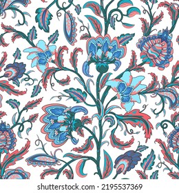 Decorative reddish blue and turquoise fantasy flowers and branches on white background inspired indian paisley culture. Floral seamless pattern in oriental style.