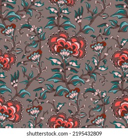 Decorative reddish brown and turquoise fantasy flowers and branches on beige background inspired indian paisley culture. Floral seamless pattern in oriental style.