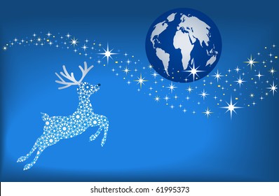 Decorative Reindeer flying on christmas eve towards earth - stars lighting the way