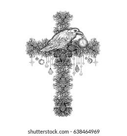 Decorative religious cross with a Raven and pendants. Vector illustration, floral pattern. Printing for T-shirts, covers, souvenirs. A unique tattoo. A sacred spiritual symbol, talisman. Art, coloring