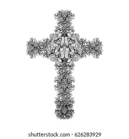 Decorative religious cross. Vector illustration, floral pattern. Printing for T-shirts, covers, souvenirs. A unique tattoo. A sacred spiritual symbol, a talisman. 
Art item, style, coloring.