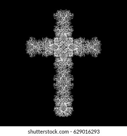 Decorative religious cross. Vector illustration, floral pattern. Printing for T-shirts, covers, souvenirs. A unique tattoo. A sacred spiritual symbol, a talisman. 
Art item, style, coloring.
