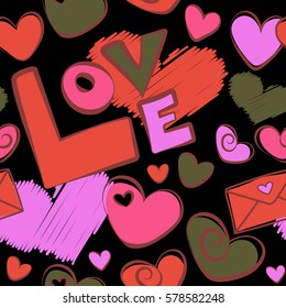 Decorative repeat ornament. Seamless vector pattern with hearts, letter and love text. Template for wrapping, decor, surface, cards, backgrounds, textile, print. Series of Love Patterns.