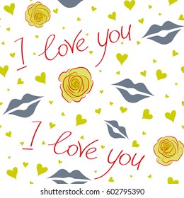 Decorative repeat ornament. Seamless vector pattern with hearts, letter, flower and love text. Template for wrapping, decor, surface, cards, backgrounds, textile, print. Series of Love Patterns.