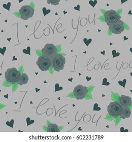 Decorative repeat ornament. Series of Love Patterns. Seamless vector pattern with hearts, flower, letter and love text. Template for wrapping, decor, surface, cards, backgrounds, textile, print.