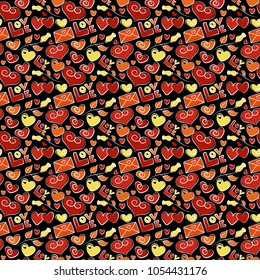 Decorative repeat ornament. Template for wrapping, decor, surface, cards, backgrounds, textile, print. Series of Love Patterns. Seamless vector pattern with hearts, flower, letter and love text.