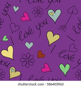 Decorative repeat ornament. Template for wrapping, decor, surface, cards, backgrounds, textile, print. Series of Love Patterns. Seamless vector pattern with hearts, flower and I love you text.