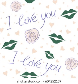 Decorative repeat ornament. Template for wrapping, decor, surface, cards, backgrounds, textile, print. Series of Love Patterns. Seamless vector pattern with hearts, letter, flower and love text.