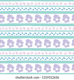 Decorative repeat seamless pattern with hand drawn pansy lines and triangles. Hand painted pastel blue, pink and purple stripes and triangles on white background. For fabric and wrapping