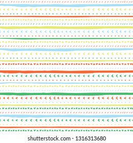 Decorative repeat seamless pattern with handdrawn lines and triangles. Hand painted orange, green, yellow and blue stripes and triangles on white background. for digital paper, fabric, backdrop