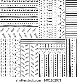 Decorative repeat seamless pattern with handdrawn lines and triangles. Hand painted black stripes and triangles on white background. Trendy endless texture for digital paper, fabric, wrapping paper