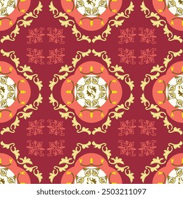 Decorative repeating pattern with bright ornaments with claret background; modern ornaments with claret background available to print