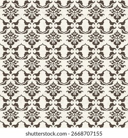 A decorative repeating pattern featuring intricate floral and abstract designs in brown and cream colors.