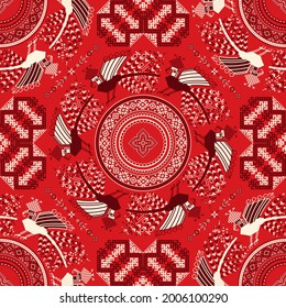 Decorative repeating pattern inspired by traditional Russian embroidery