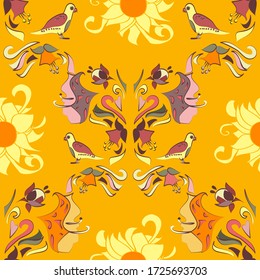 Decorative repeating vector tile featuring flowers and birds in pinks and yellows on a  mustard backdrop. With much intricate detail this make a vibrant design great for fabrics and interior decor
