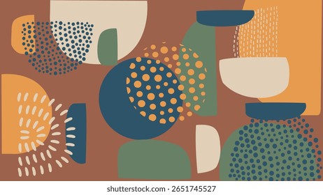 Decorative retro abstract visuals with warm earthy colors and textured circular elements in a mid-century modern aesthetic.