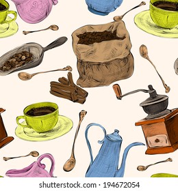 Decorative retro coffee set design cappuccino cup cream sugar color handdrawn seamless background doodle vector illustration