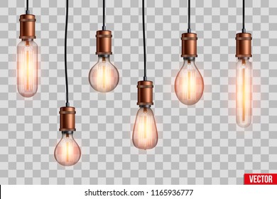 Decorative Retro design edison light bulb set. Lamps of different shapes. Vintage and antique style with copper. For loft and cafe. Vector Illustration isolated on transparent background.