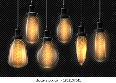 Decorative Retro design edison light bulb set. Lamps of different shapes. Vector Illustration isolated on transparent background.