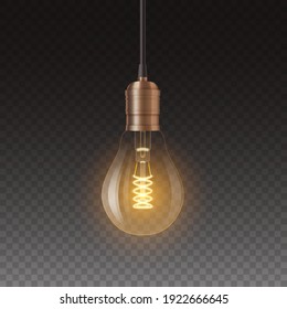 Decorative retro edison light bulb isolated on transparent background. Vintage lamp design with copper for loft and cafe. 3d vector Illustration