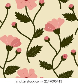 Decorative retro floral pattern with pink flowers and branches on light background. Folk noth pattern design for wallpaper, dresses, home decor.