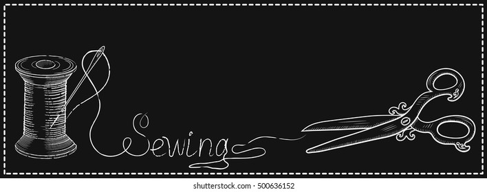 Decorative retro frame for advertising signs of sewing workshop with hand drawn needle in reel of thread, scissors and inscription.