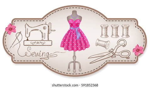 Decorative retro frame for advertising stickers or workshop labels  with hand drawn dress, sewing machine, reel of thread, needle, dummy and vintage scissors